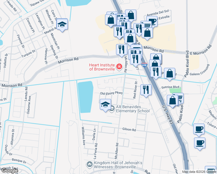 map of restaurants, bars, coffee shops, grocery stores, and more near 3375 McAllen Road in Brownsville