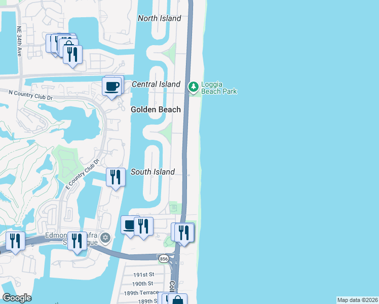 map of restaurants, bars, coffee shops, grocery stores, and more near 255 Ocean Boulevard in Golden Beach