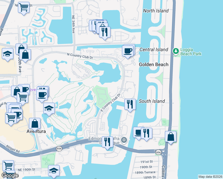 map of restaurants, bars, coffee shops, grocery stores, and more near 19900 East Country Club Drive in Aventura