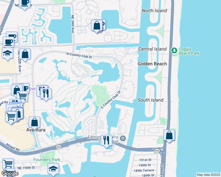 map of restaurants, bars, coffee shops, grocery stores, and more near 19900 East Country Club Drive in Aventura