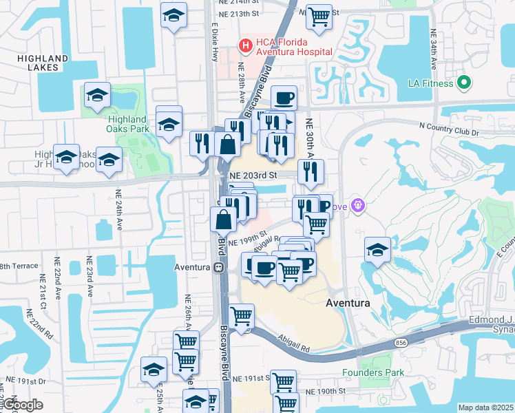 map of restaurants, bars, coffee shops, grocery stores, and more near 2810 Northeast 201st Terrace in Miami