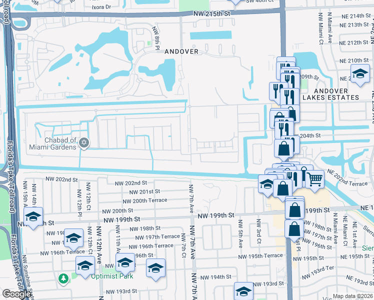 map of restaurants, bars, coffee shops, grocery stores, and more near 20380 Northwest 7th Avenue in Miami