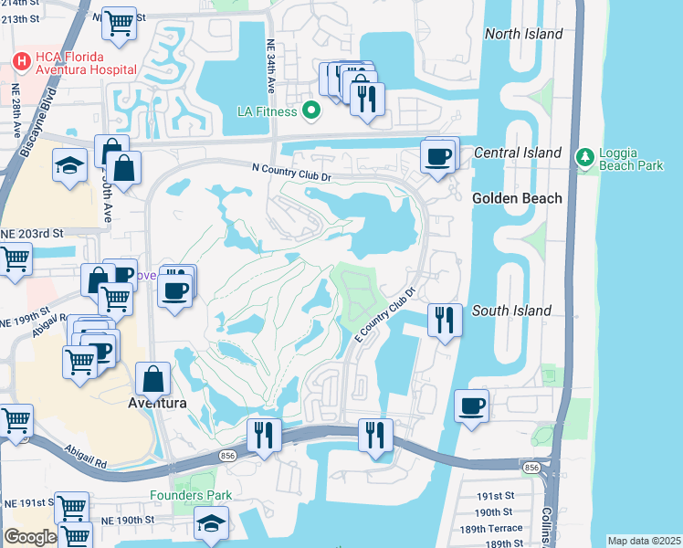 map of restaurants, bars, coffee shops, grocery stores, and more near 3669 Northeast 201st Street in Aventura