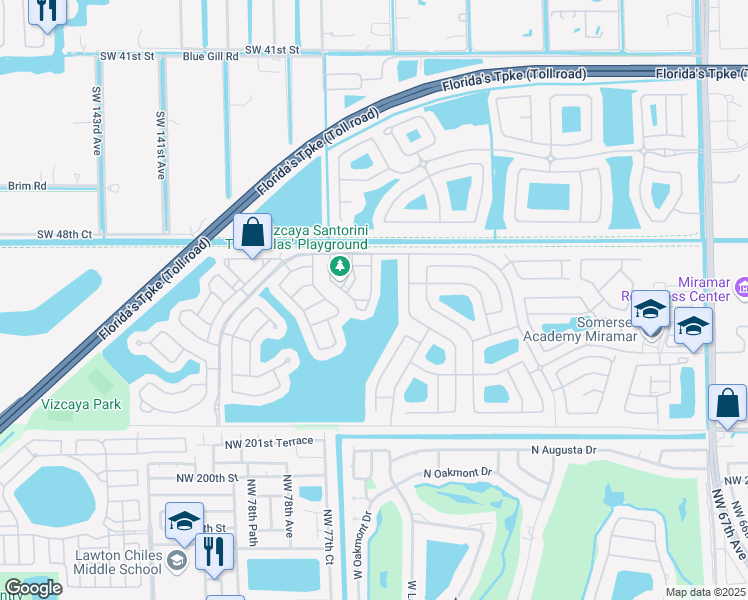 map of restaurants, bars, coffee shops, grocery stores, and more near 5031 Southwest 135th Avenue in Miramar
