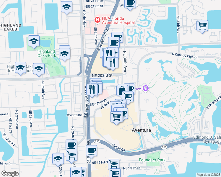 map of restaurants, bars, coffee shops, grocery stores, and more near 2820 Northeast 201st Terrace in Aventura