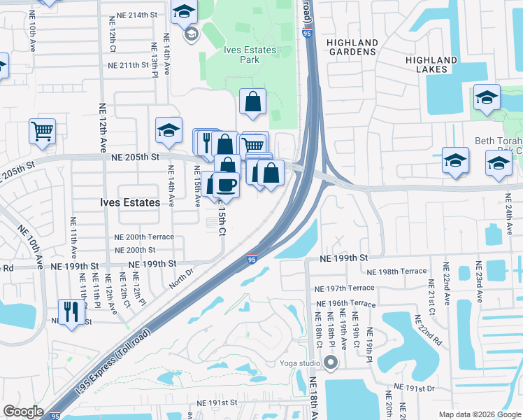 map of restaurants, bars, coffee shops, grocery stores, and more near 20137 Northeast 16th Place in Miami