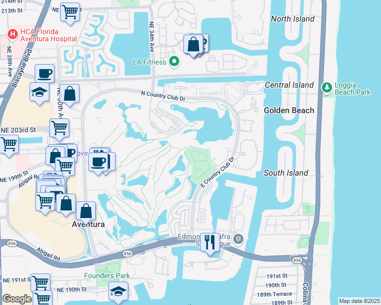 map of restaurants, bars, coffee shops, grocery stores, and more near 3669 Northeast 201st Street in Aventura