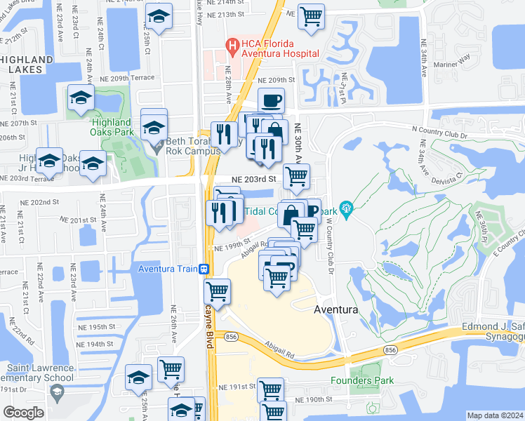 map of restaurants, bars, coffee shops, grocery stores, and more near 2820 Northeast 201st Terrace in Aventura