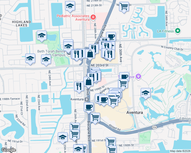 map of restaurants, bars, coffee shops, grocery stores, and more near 20099 Biscayne Boulevard in Aventura
