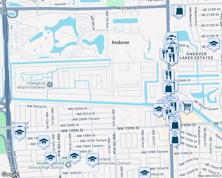 map of restaurants, bars, coffee shops, grocery stores, and more near in Miami Gardens