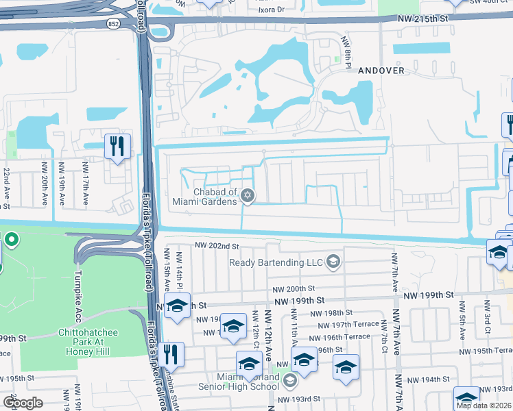 map of restaurants, bars, coffee shops, grocery stores, and more near 1232 Northwest 204th Street in Miami Gardens
