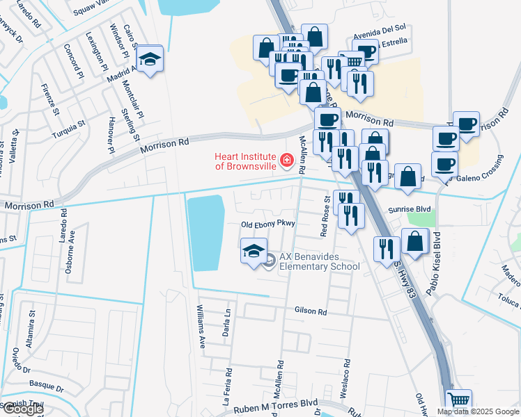map of restaurants, bars, coffee shops, grocery stores, and more near 3375 McAllen Road in Brownsville