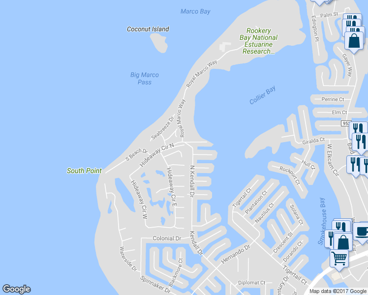 map of restaurants, bars, coffee shops, grocery stores, and more near 396 Raymond Court in Marco Island