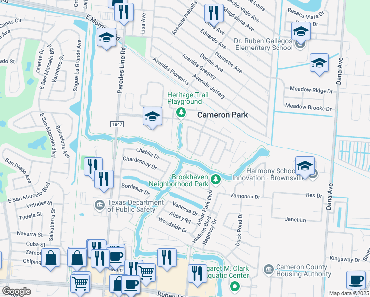 map of restaurants, bars, coffee shops, grocery stores, and more near 3450 Brasilia Drive in Brownsville
