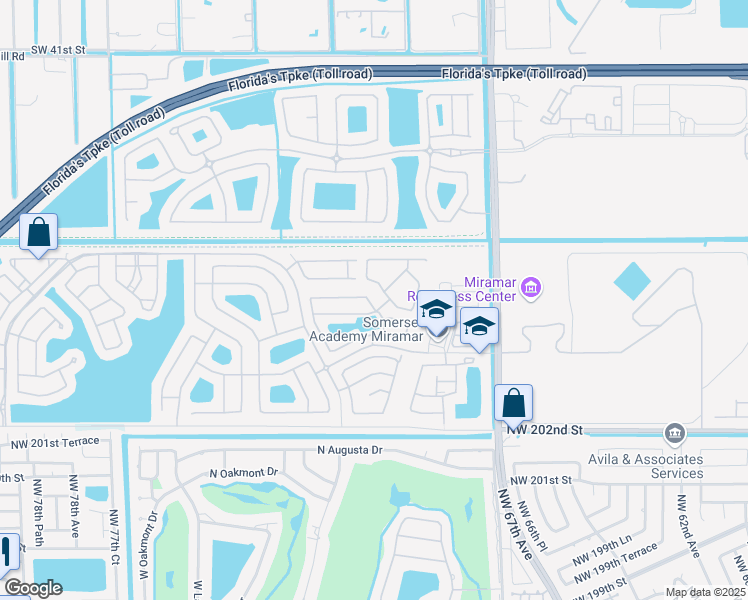 map of restaurants, bars, coffee shops, grocery stores, and more near 5071 Southwest 128th Avenue in Miramar