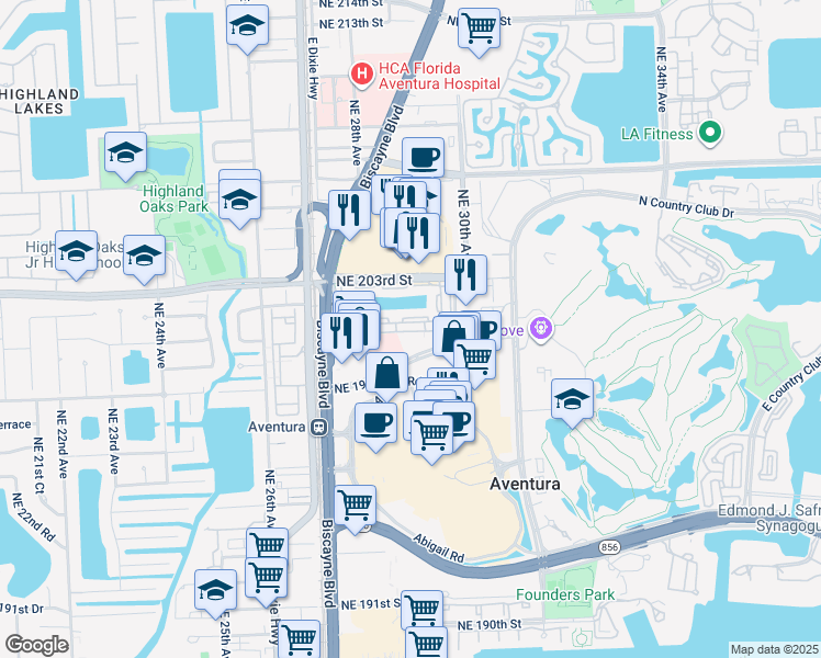 map of restaurants, bars, coffee shops, grocery stores, and more near 2820 Northeast 201st Terrace in Aventura
