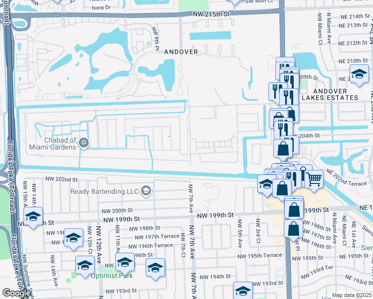 map of restaurants, bars, coffee shops, grocery stores, and more near 20380 Northwest 7th Avenue in Miami