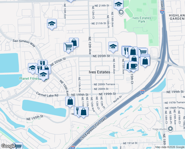 map of restaurants, bars, coffee shops, grocery stores, and more near 20255 Northeast 12th Avenue in Miami