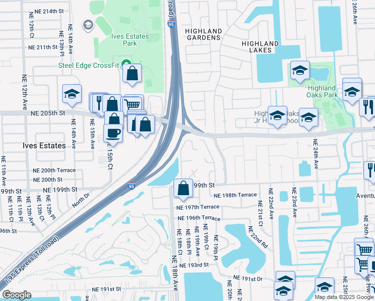 map of restaurants, bars, coffee shops, grocery stores, and more near 20255 West Oak Haven Circle in Miami