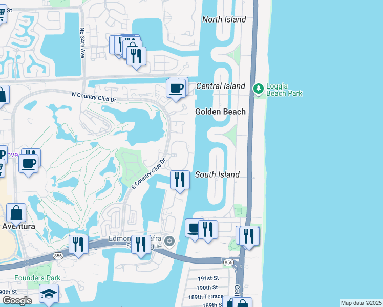 map of restaurants, bars, coffee shops, grocery stores, and more near 20135 Northeast 39th Place in Aventura
