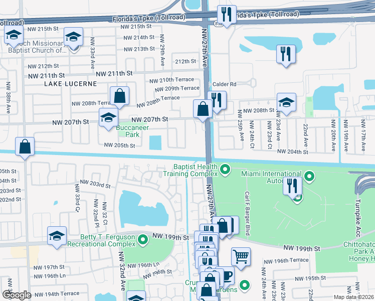 map of restaurants, bars, coffee shops, grocery stores, and more near 2800 Northwest 205th Street in Miami Gardens