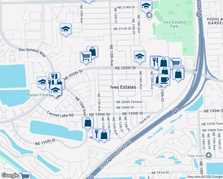 map of restaurants, bars, coffee shops, grocery stores, and more near 20255 Northeast 12th Avenue in Miami