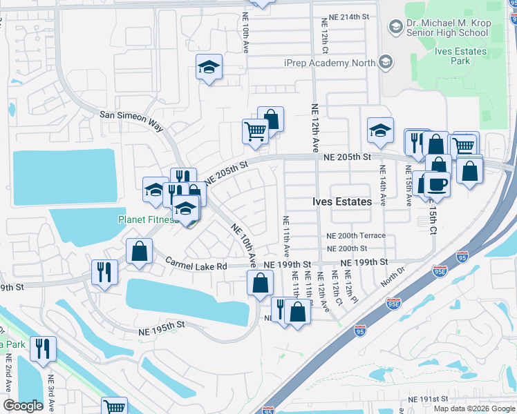 map of restaurants, bars, coffee shops, grocery stores, and more near 1042 Northeast 203rd Lane in Miami
