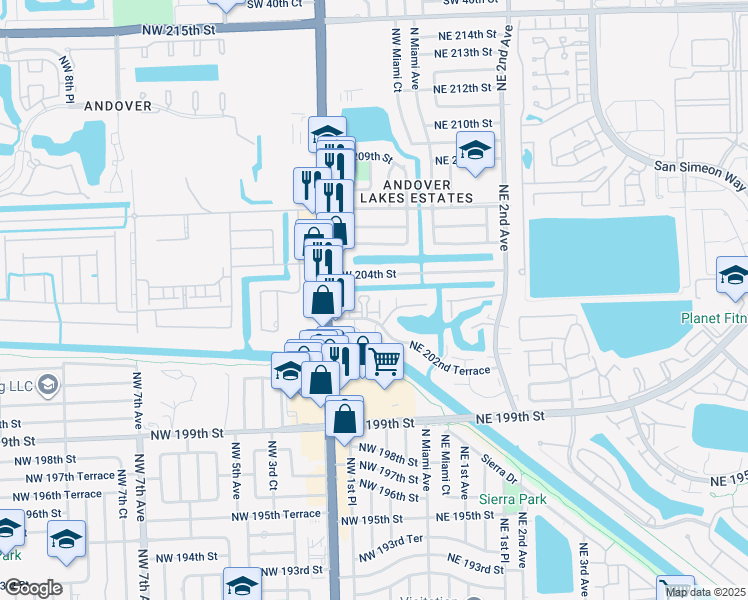 map of restaurants, bars, coffee shops, grocery stores, and more near 50 Northwest 204th Street in Miami
