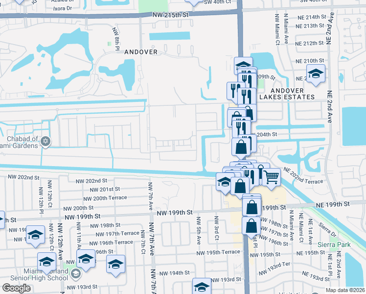 map of restaurants, bars, coffee shops, grocery stores, and more near 440 Northwest 203rd Street in Miami