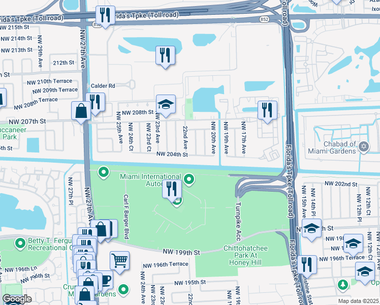 map of restaurants, bars, coffee shops, grocery stores, and more near 20401 Northwest 22nd Avenue in Miami Gardens