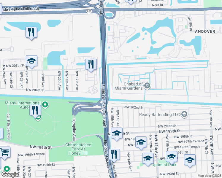 map of restaurants, bars, coffee shops, grocery stores, and more near 20420 Northwest 15th Avenue in Miami