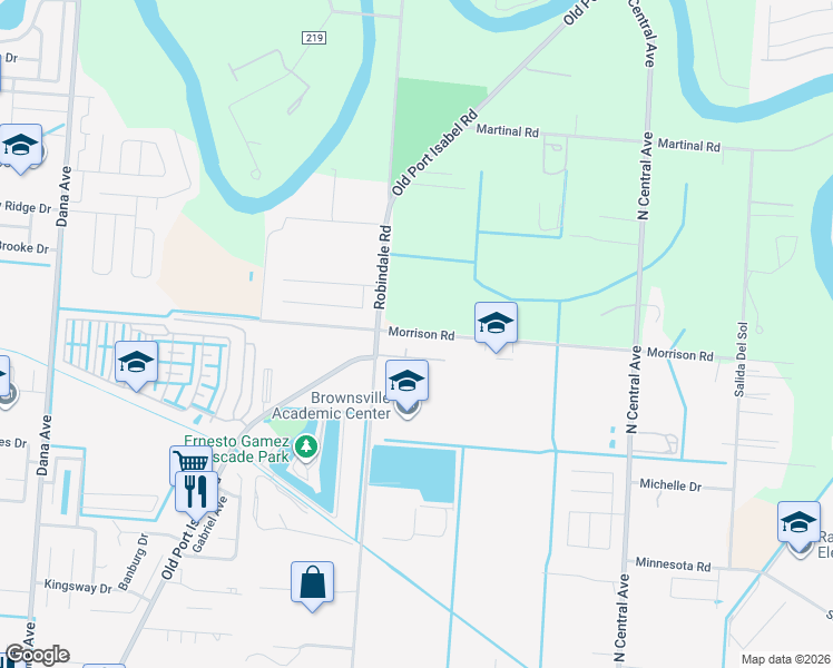 map of restaurants, bars, coffee shops, grocery stores, and more near Morrison Road in Brownsville
