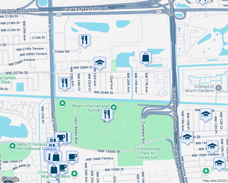 map of restaurants, bars, coffee shops, grocery stores, and more near 20401 Northwest 22nd Avenue in Miami Gardens