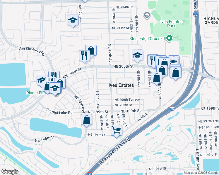 map of restaurants, bars, coffee shops, grocery stores, and more near 20255 Northeast 12th Avenue in Miami