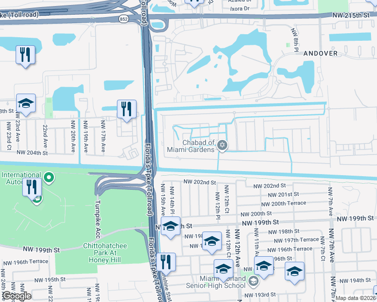 map of restaurants, bars, coffee shops, grocery stores, and more near 1418 Northwest 204th Street in Miami