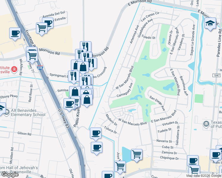 map of restaurants, bars, coffee shops, grocery stores, and more near 4 Coahuila Court in Brownsville