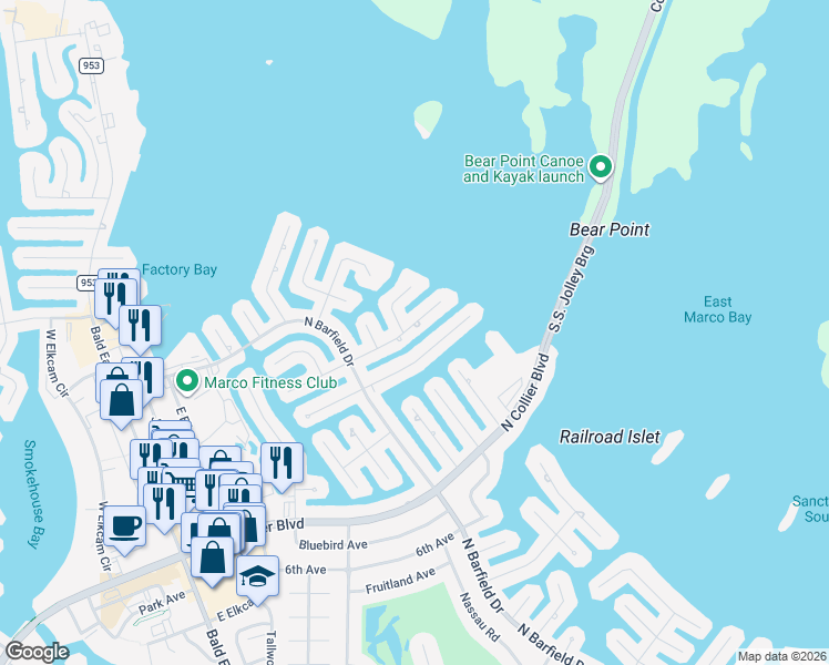 map of restaurants, bars, coffee shops, grocery stores, and more near 1255 Mulberry Court in Marco Island