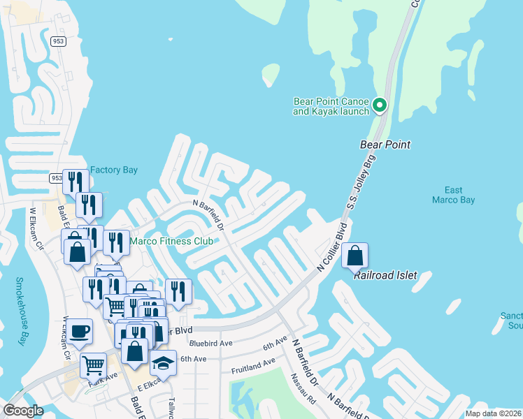 map of restaurants, bars, coffee shops, grocery stores, and more near 1255 Mulberry Court in Marco Island