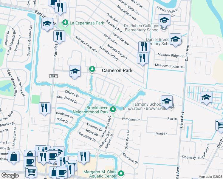 map of restaurants, bars, coffee shops, grocery stores, and more near 3024 Montevideo Drive in Brownsville