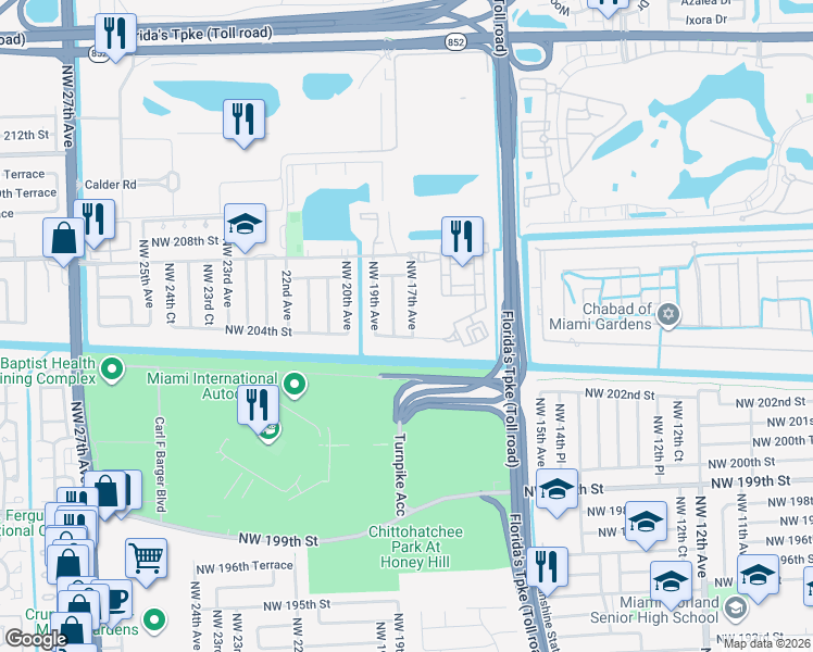 map of restaurants, bars, coffee shops, grocery stores, and more near 20410 Northwest 17th Avenue in Miami Gardens