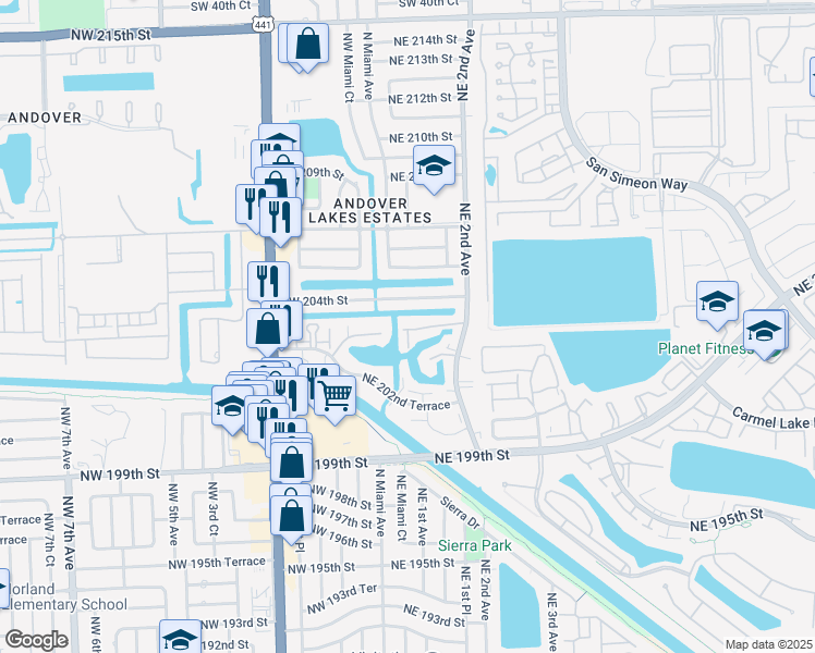 map of restaurants, bars, coffee shops, grocery stores, and more near 32 Northeast 203rd Terrace in Miami Gardens