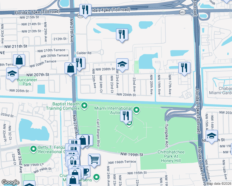 map of restaurants, bars, coffee shops, grocery stores, and more near 20400 Northwest 23rd Avenue in Miami Gardens