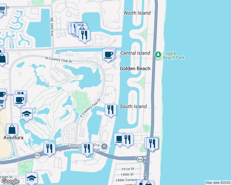 map of restaurants, bars, coffee shops, grocery stores, and more near 20105 Northeast 38th Court in Aventura