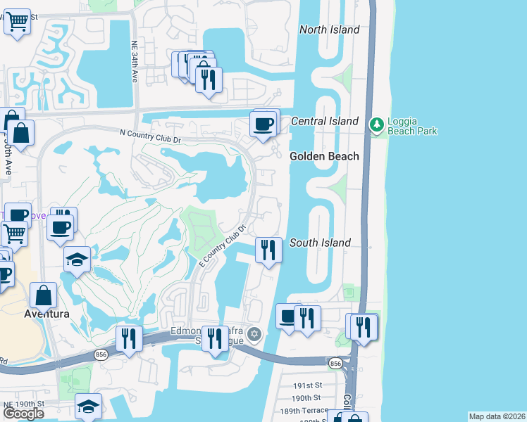 map of restaurants, bars, coffee shops, grocery stores, and more near 20105 Northeast 38th Court in Aventura
