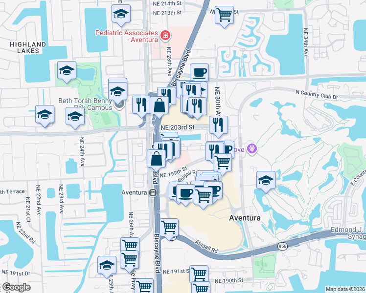 map of restaurants, bars, coffee shops, grocery stores, and more near 2810 Northeast 201st Terrace in Miami