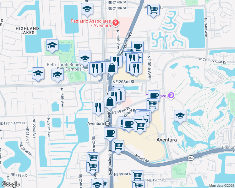 map of restaurants, bars, coffee shops, grocery stores, and more near 20099 Biscayne Boulevard in Aventura
