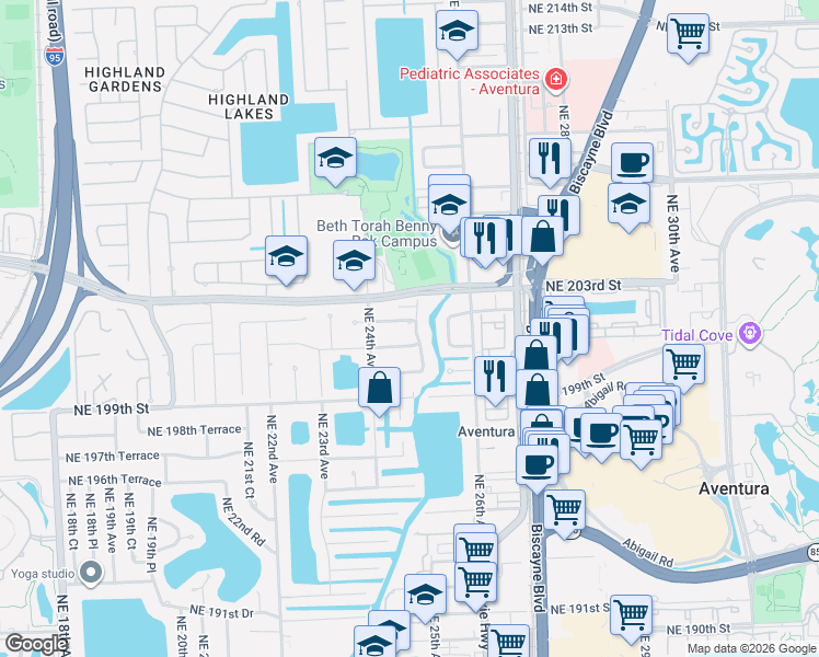map of restaurants, bars, coffee shops, grocery stores, and more near 2440 Northeast 202nd Street in Miami