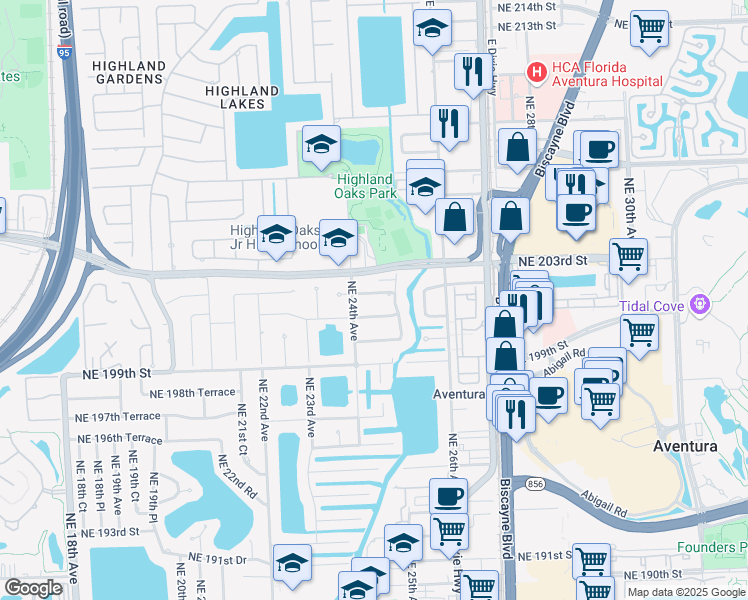 map of restaurants, bars, coffee shops, grocery stores, and more near 2440 NE 202nd St in Miami
