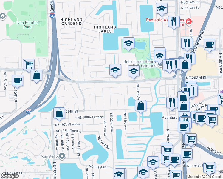 map of restaurants, bars, coffee shops, grocery stores, and more near 2220 Northeast 202nd Street in Miami