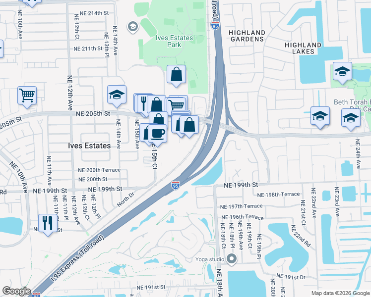 map of restaurants, bars, coffee shops, grocery stores, and more near 20137 Northeast 16th Place in Miami